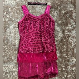 Curtain Call Pink Sequin and Fringe Biketard with Headband